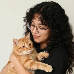 portrait of a sweet latina girl with black curly long hair wearing glasses and holding a cute tabby orange cat, 5 5 mm photo, profile picture