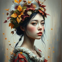full portrait of beautiful girl by irakli nadar with intricate detailed color smashing fluid oil paint and acrylic, dried moss and dried autumn leaves headdress, melting wax, mycelia, abstract impressionism, ruan jia, fantasy, hyper detailed, concept art, by gustav klimt