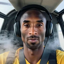 selfie of kobe bryant in a helicopter, smoke around him, 8k resolution, hyper detailed, realistic face, shot in the air