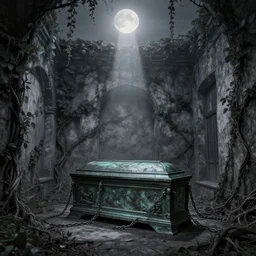 the vine walls, the moonlight pouring from the top, the atmosphere is ghostly, the bronze coffin in the middle, dragged by chains. color gray depression, moderate gray.