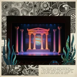 1968 cut out collage, theater stage, neon Greek, dusk on Jupiter, epic theater, deep sea ambience, aquatic plants, film noir, in part by Alex Grey, part by Moebius, composition William S Boroughs, written by H. P. Lovecraft