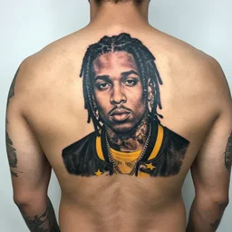 a man with a wiz khalifa tattoo on his back, a tattoo by richard mortensen, reddit contest winner, tattoo, black and yellow tattoo