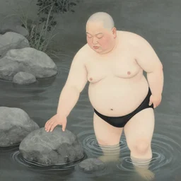 fat bald man in swimsuit touches stones in river with closed eyes, chinese contemporary art, fang lijun