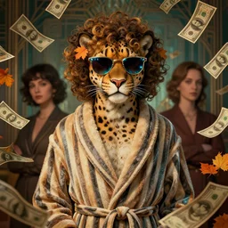 portrait, anthropomorphic panther, striped bathrobe, curly hair, electric sunglasses, surrounded by floating autumn dollar bills, fantasy, detailed, intricate, luminescent, elegant, coherent, by mandy jurgens, hannah yata and kay sage, donato giancola, detailed, artstation, cinematic lighting, artdeco, art deco outrun aesthetic
