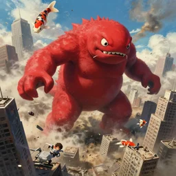 a giant red monster smashing through skyscrapers, koi fish kaiju with two legs and two arms, digital painting, masterpiece, by ilya kuvshinov, hayao miyazaki, kentaro miura, thomas kinkade, greg rutkowski, gorgeous, beautiful, cinematic, dynamic volumetric lighting, dust clouds and building debris, intense, dramatic