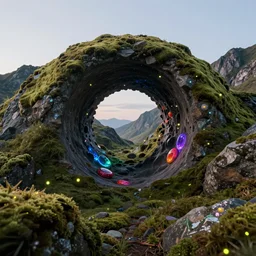 looping wormhole, quantic fisical high moss mountains inside hollow earth jewelry mine full colored, fireflies, clean sky, hight contrast, void, 8 k resolution, unreal engine 5, hyper - detailed, perspective view, 2 4 mm lens, by beeple, justin gerard