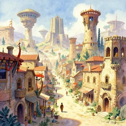 streets of a medieval scifi town on an oasis. watercolor by moebius and clamp, backlighting, vibrant palette.