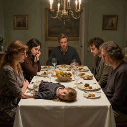 a magnificent masterpiece artwork depicting a sad family at a dinner table, dead body of a young girl on the table for dinner, by laurie lipton, by francisco goya, trending on artstation, cinematic, highly detailed, 8 k,