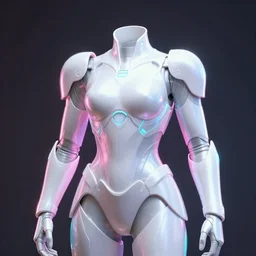 shiny pearly white futuristic sci fi armor lit by pink and cyan neon light