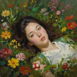 painting of A woman laying in a sea of flora from super mario brothers, mushroom kingdom theme, trending on ArtStation, masterpiece, by Greg Rutkowski, by Ross Tran, by Fenghua Zhong, octane, clear eyes, soft render, clear facial features, oil on canvas, moody lighting, cinematic, professional environment concept art