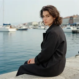 in the style of iraklij toidze. woman sitting at the harbour. fine detail