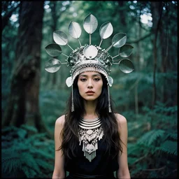 woman in a headdress made of wire and scales stands in a magical forest, cinematic, Kodak Portra 800 film