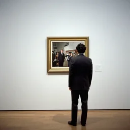 person in a fine suit seen from behind standing in an empty gallery contemplating over a frame hanging at the opposite wall, photo taken with provia 1967