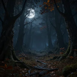 unreal engine hyperreallistic render 8k highly detailed 4K fantasy matte painting of a spooky moonlit forest at night in october