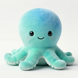 a soft ombre blue green stuffed octopus, squishmallow face, squishmallows, smiling, round