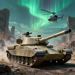 main battle tank with double barrel shooting electric and helicopter at war, in the ancient abandoned city epic scene, volumetric lighting futuristic, intricate, highly detailed, digital painting, artstation, concept art, cinematic, smooth, sharp focus, illustration, aurora borealis, unreal engine 5, 8 k, art by artgerm and greg rutkowski and alphonse mucha