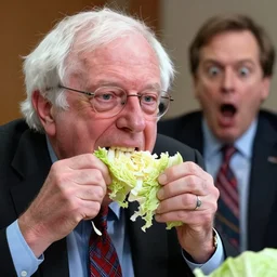 bernie sanders jamming bits of cabbage into his mouth, tearing apart a cabbage, john oliver horrified in the background, ultra detailed, 8 k, trending on artstation, award - winning art,