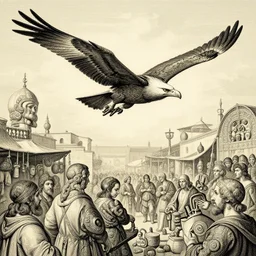 masterpiece desert eagle soaring over bazaar of unholy goods, by Edgar Maxence and Ross Tran and Michael Whelan and Da Vinci and Caravaggio and J.M.W Turner and Brueghel intricate line drawings, unknwon intercession, detailed and beautiful intricate faces, 4k resolution