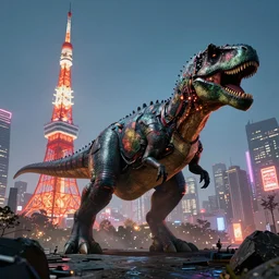 heavy armored dinosaur attacking tokyo, sci - fi, digital art, neon lights, artstation, cgsociety, mandy jurgens, wlop