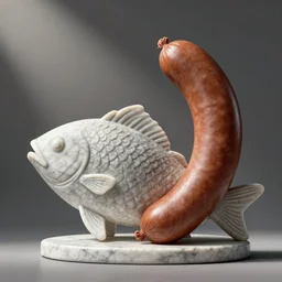 marble statue of a fish half transformed to a sausage. simple sculpture