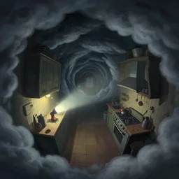 naive nerikomi, weird perspective, extra narrow, detailed illustration of a kitchen dim lit by flashlight in a scenic spiral environment, clouds, by rhads from lorax movie, trending artstation, true color, fisheye, smoke