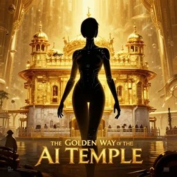 the golden way of the ai temple, movie poster, wizard of oz, solarpunk, golden temple by haza hadid, cyberpunk, female cyborg black silhouette, hyperdetailed, artstation, cgsociety, 8 k, movie poster designed by richard amsel, by john alvin, by bill gold, composition by shepard fairey and saul bass