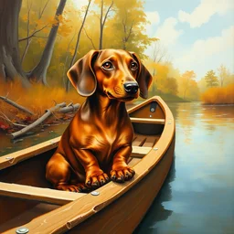 a brown dachshund sitting in a wooden canoe, painting, oil on canvas, adorable, beautiful environment, portrait