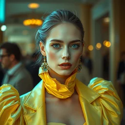 portrait of a fashion model in luxury dress, pastel shades of light blue and light yellow, by greg rutkowski, by jeremy mann, by francoise nielly, by van gogh, official valentino editorial, highly detailed