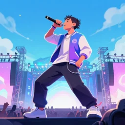 rapper performing at huge festival, holding microphone, epic angle, digital art, vapor wave, hip hop, trending on Artstation, professional artist, detailed, 4k
