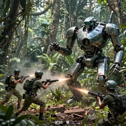 Ragtag human militia fighting advanced humanoid combat robots in a jungle in 2020, combat photography by Feng Zhu, highly detailed, excellent composition, cinematic concept art, dramatic lighting, trending on ArtStation