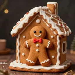 A gingerbread man in a gingerbread house