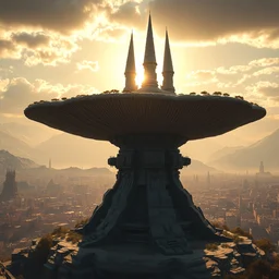 a gigantic brutalist ancient mushroom tower shaped like amanita muscaria, a detailed structure with at the top 3 spires in form of a trident, set against sunlit mountains and a huge old city, 8 k, artstation, volumetric lighting, cinematic composition, octane render, dark surrealism, highly detailed by peter mohrbacher, hajime sorayama, wayne barlowe, boris vallejo, aaron horkey, gaston bussiere, craig mullins