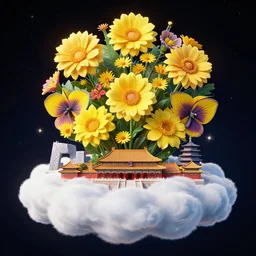 flowers in universe, the buildings on cloud, by beeple, lee medgwick, beeple, forbidden city, ayu