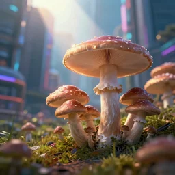 mushrooms took over the city, sharp focus, very detailed, maximalism, ambient occlusion, volumetric light, sun beam, hyper realism, futuristic and colorful shading, cinematic composition