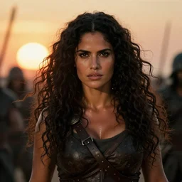 epic photo of muscular salma hayek as beautiful barbarian warrior princess with long curly black hair blowing in the wind in a battle scene, sweaty, detailed eyes, neutral expression, shallow depth of field, photorealistic, cinematic lighting, lovely bokeh, low contrast, underexposed, warm colours, sunset east, movie quality, conan the destroyer 1 9 8 5, movie still