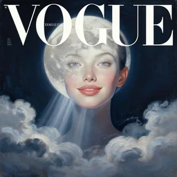 3 d, sci - fi, night, moon, moon rays, fashion model smiling face, cinematic, clouds, vogue cover style, realistic painting, intricate oil painting, high detail illustration, figurative art, multiple exposure, poster art, 3 d, by tooth wu and wlop and beeple and greg rutkowski