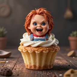 ice cream cupcake shaped like screaming chucky doll, octane render, centered, ultrarealistic