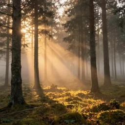 swedish forest, dawn, hazy, fog, golden hour, sunlight, beautiful!!!!!!!!!, greg rutkowski, cinematic, atmospheric