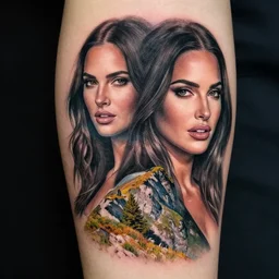 creative double exposure effect tattoo design sketch of megan fox and beautiful mountain scenery, realism tattoo, in the style of matteo pasqualin, amazing detail, sharp