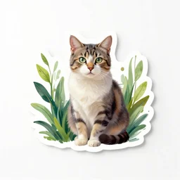vinyl sticker of a gouache cat and plants, white background, psd mock up, high quality, studio lighting