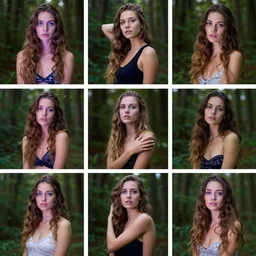 a collection of photos of beautiful and sensual women posing for a photoshoot in a forest, 2 1 0 mm, ultraviolet lens, high - definition