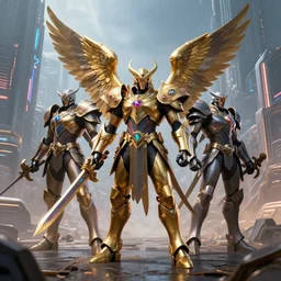 arcangels warriors, futuristic city background, detailed