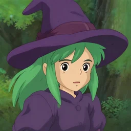 screenshot from the studio ghibli movie a cute green - haired witch, cute green - haired witch, green hair, wearing purple hat