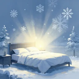 winter bedroom with stylized snowflakes floating around, radiant light, sylvain sarrailh, artstation, ismail inceoglu, liam brazier, petros afshar