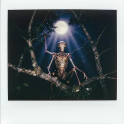 an insect forest god, insectile head materialising from the canopy ; corporeal chitinous flesh spun solid from beam and vapour. he manifests in moonlight, slipping through arched branches, night time photography eerie 4 k haunted polaroid