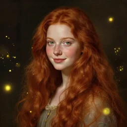 full body portrait of a red haired girl with a soft smile, among golden fireflies, with long hair, green eyes, hint of freckles, beautiful round face, pale skin, highly detailed, deep focus, elegant, digital painting, smooth, sharp focus, golden ratio, dramatic illumination, ultra realistic, 8 k, art by artemisia lomi gentileschi and caravaggio