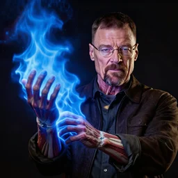 buff Walter White kicking blue fire, accurate anatomy, accurate hands, highly detailed, digital art, epic, masterpiece,