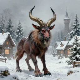 Victorian Krampus in a snowy christmas village by antoni piotrowski