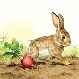 rabbit straining to pull a turnip from soil, by beatrix potter