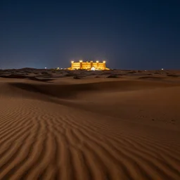 desert landscape at night with arabian palace on horizon
